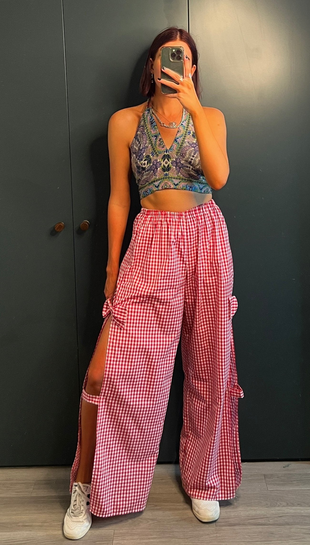 Bow-Tied Gingham Slit Pants