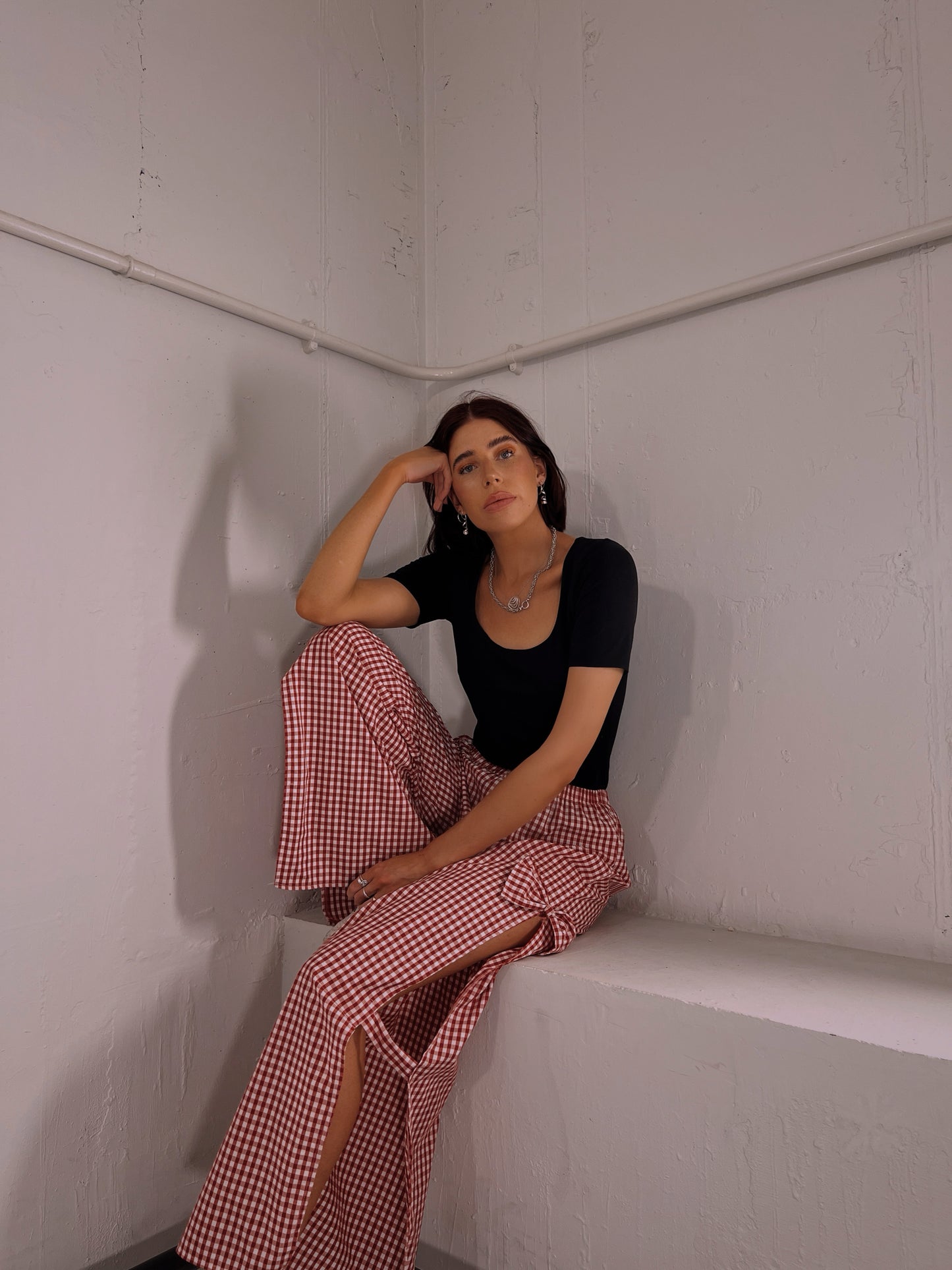 Bow-Tied Gingham Slit Pants